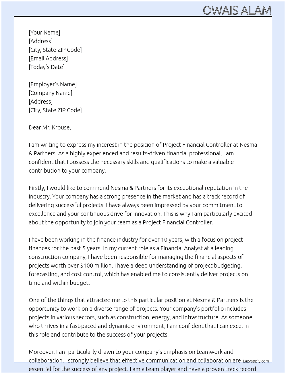 Project Financial Controller At Nesma & Partners Cover Letter