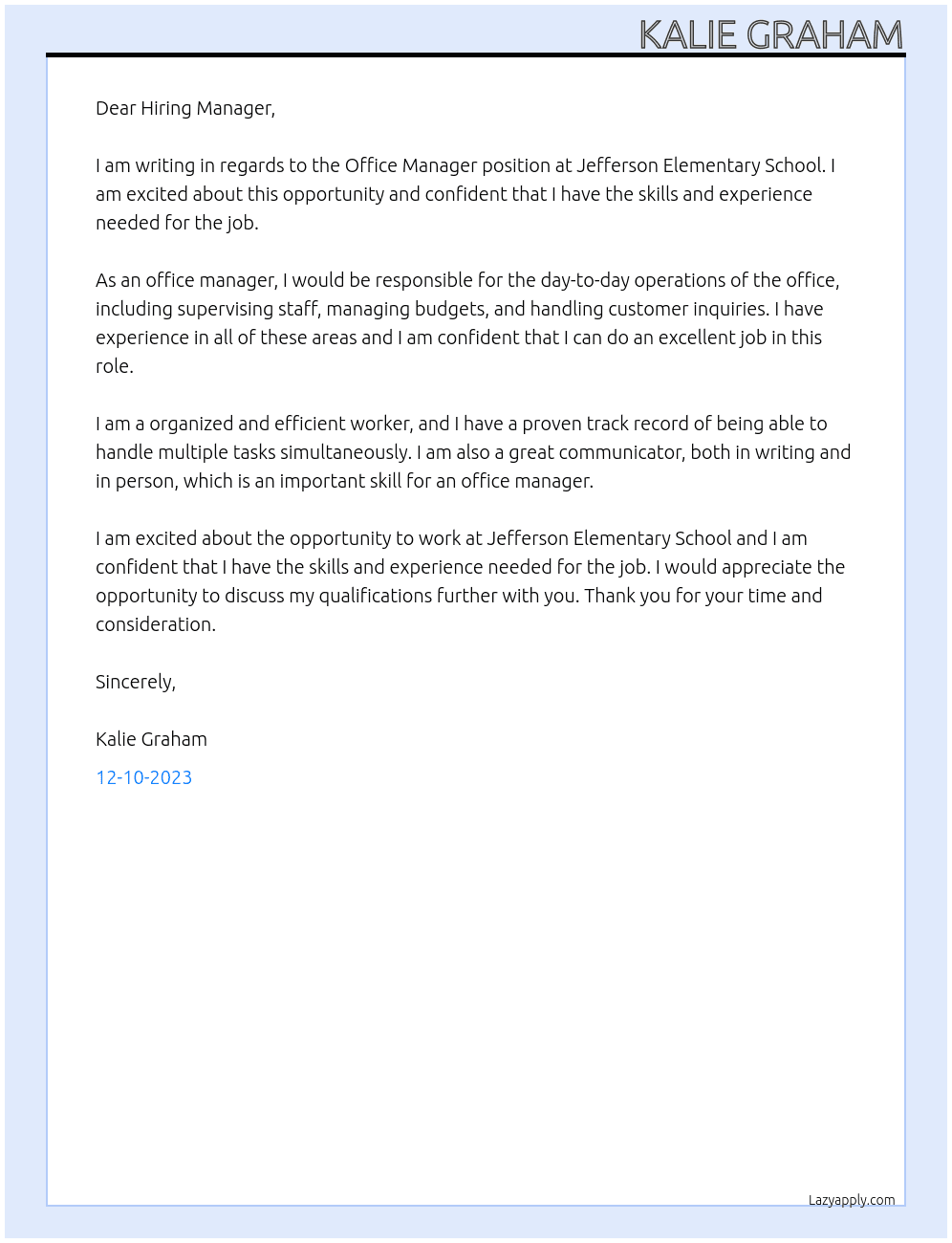 Office Manager At Jefferson Elementary School Cover Letter