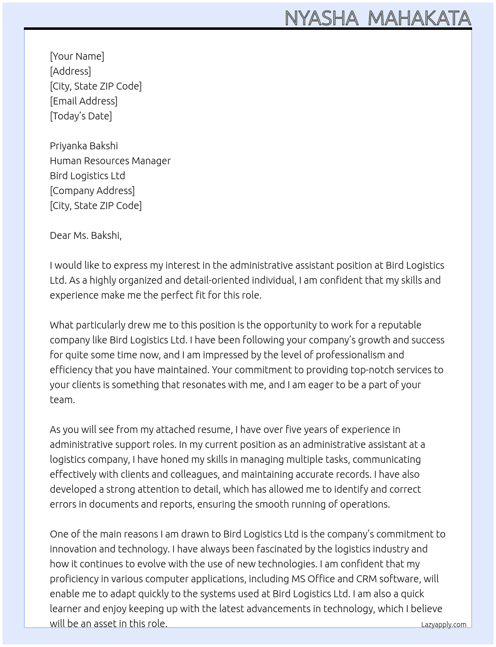 administrative assistant At Bird Logistics Ltd Cover Letter