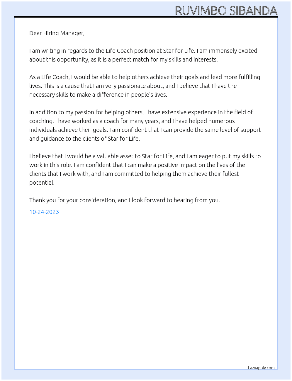 Life coach At Star for life  Cover Letter