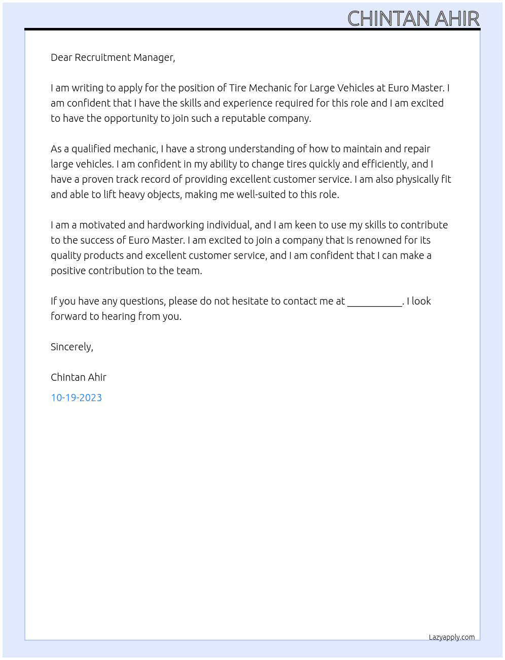 Tire mechanic for large vehicles  At Euro master  Cover Letter