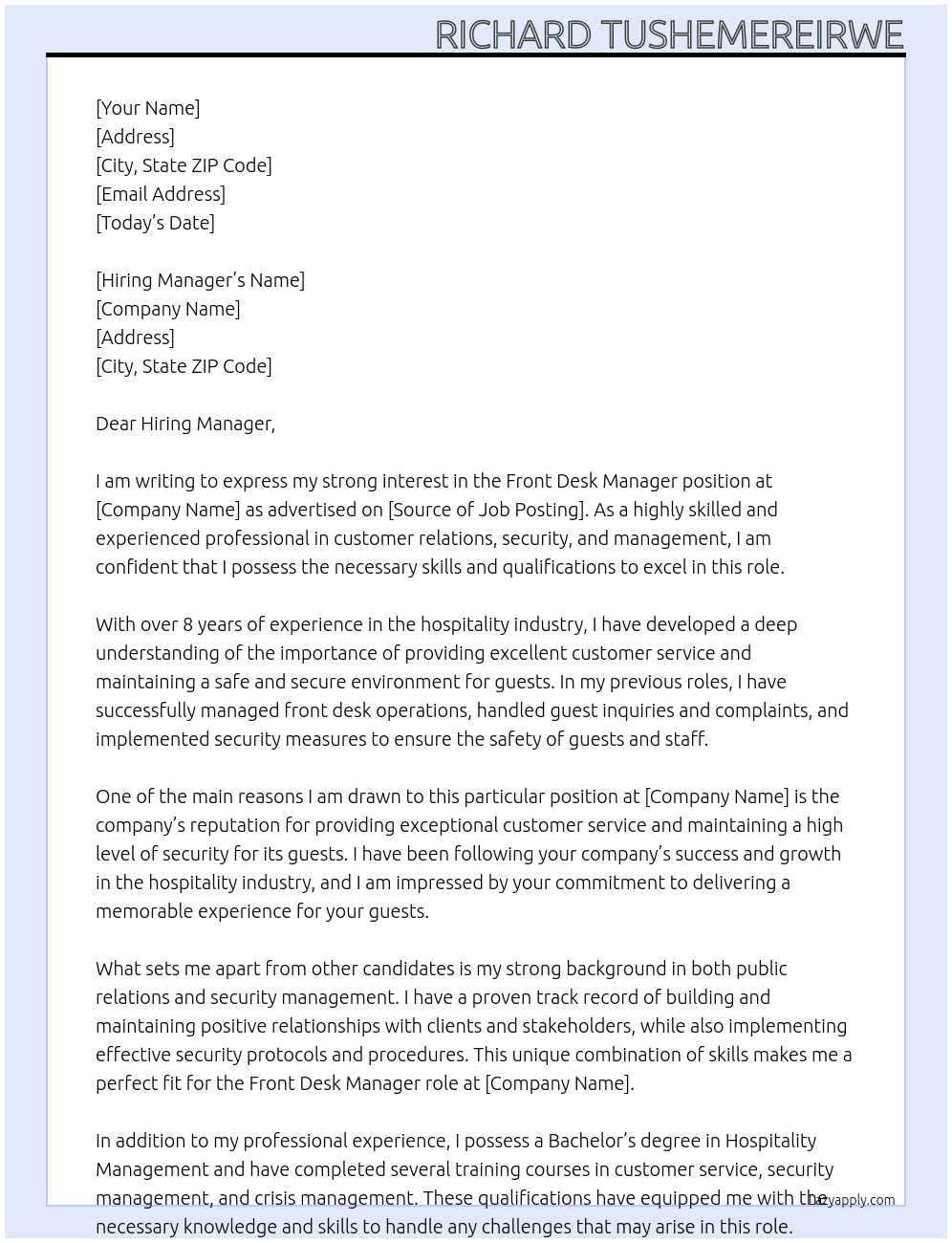 Front desk manager At Company Cover Letter