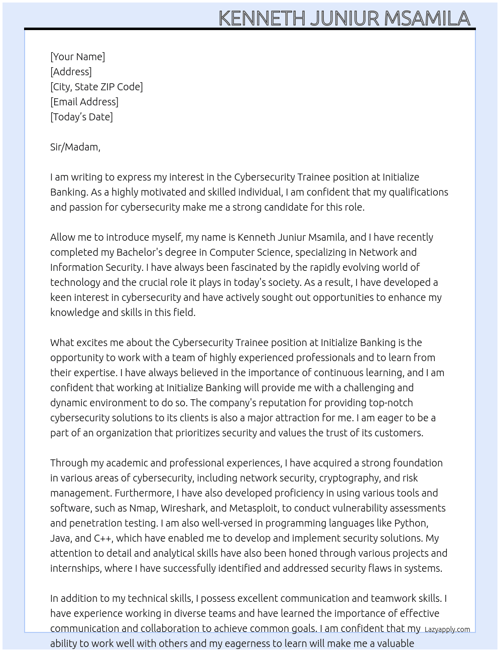 Cybersecurity trainee At Initialize Banking  Cover Letter