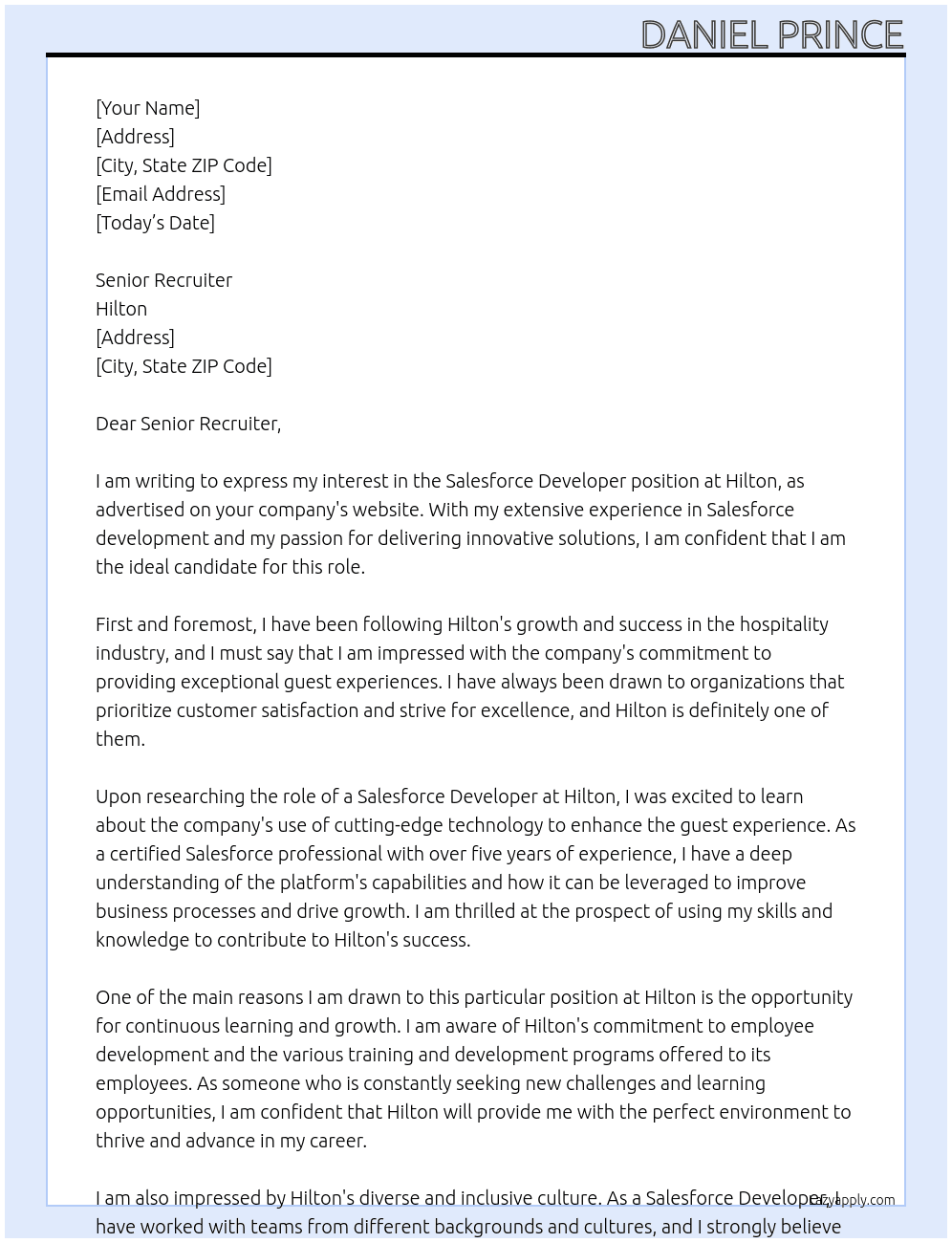 Salesforce developer At Hilton Cover Letter
