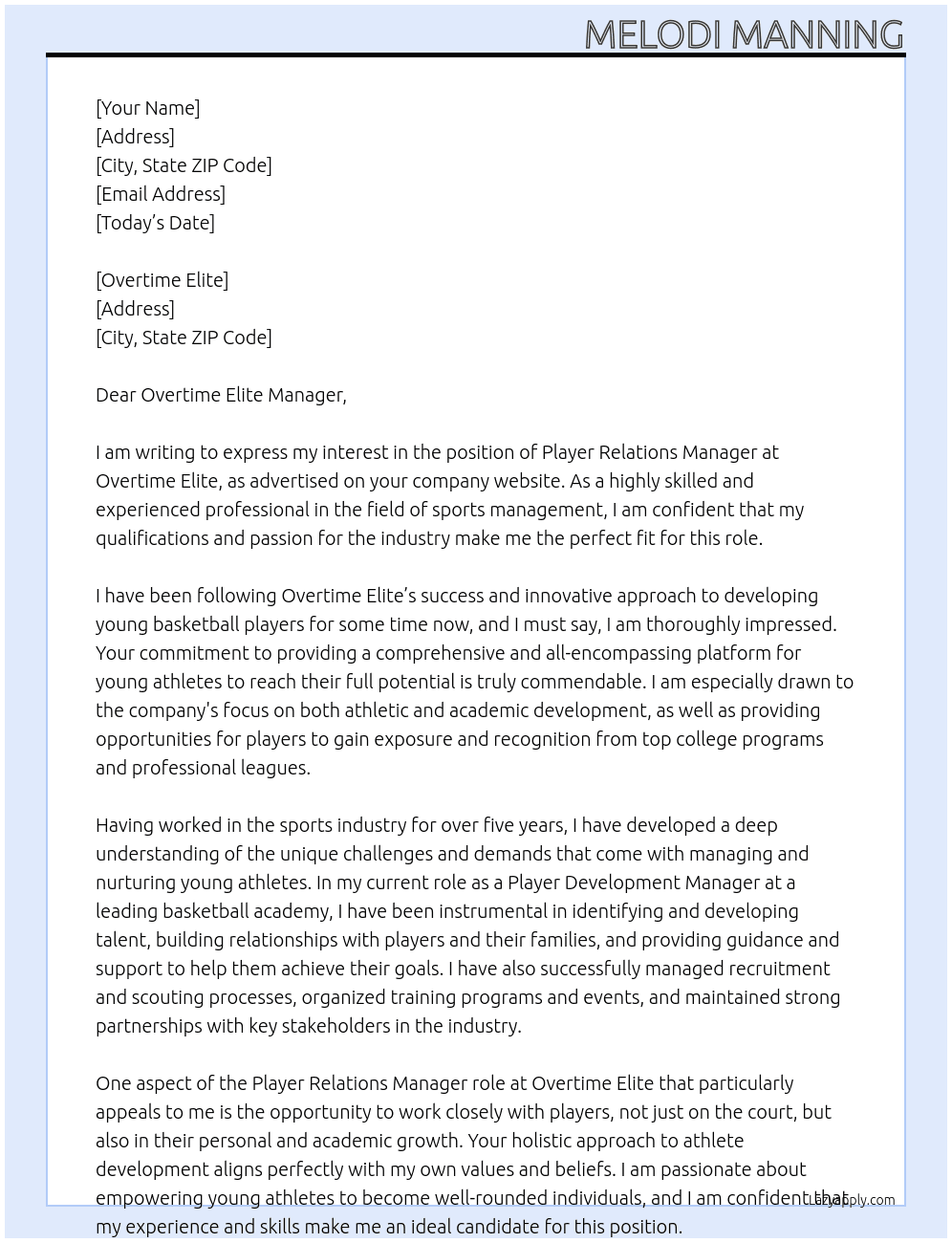 Player relations manager At Overtime Elite Cover Letter
