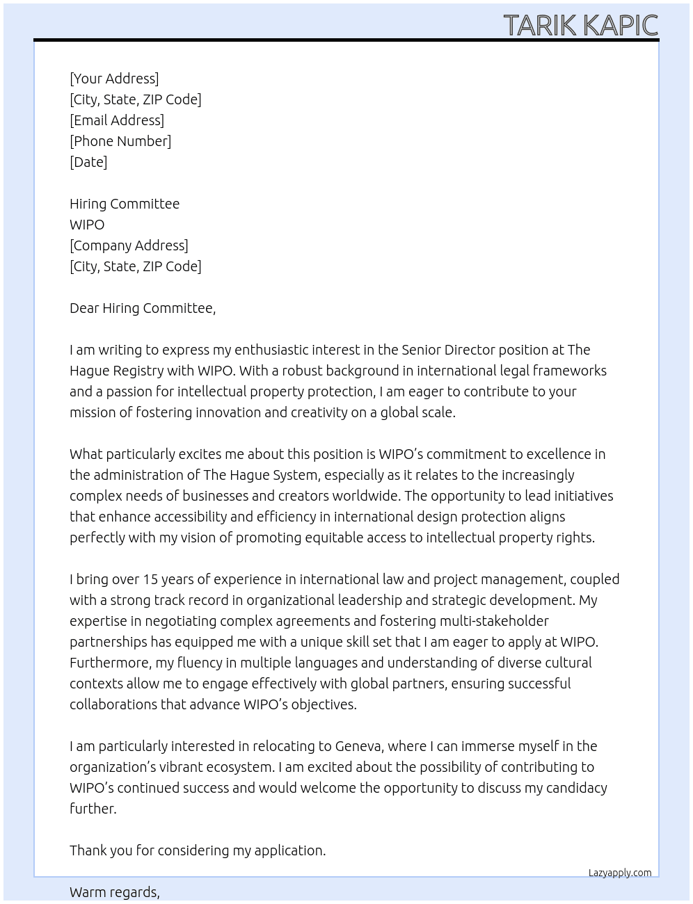  Senior Director, The Hague Registry At WIPO Cover Letter