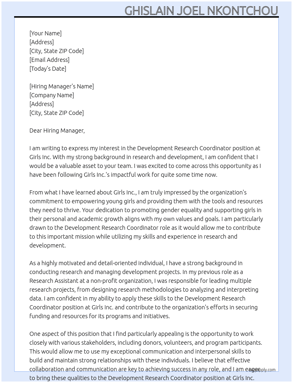 Development Research Coordinator  At  Girls Inc. Cover Letter