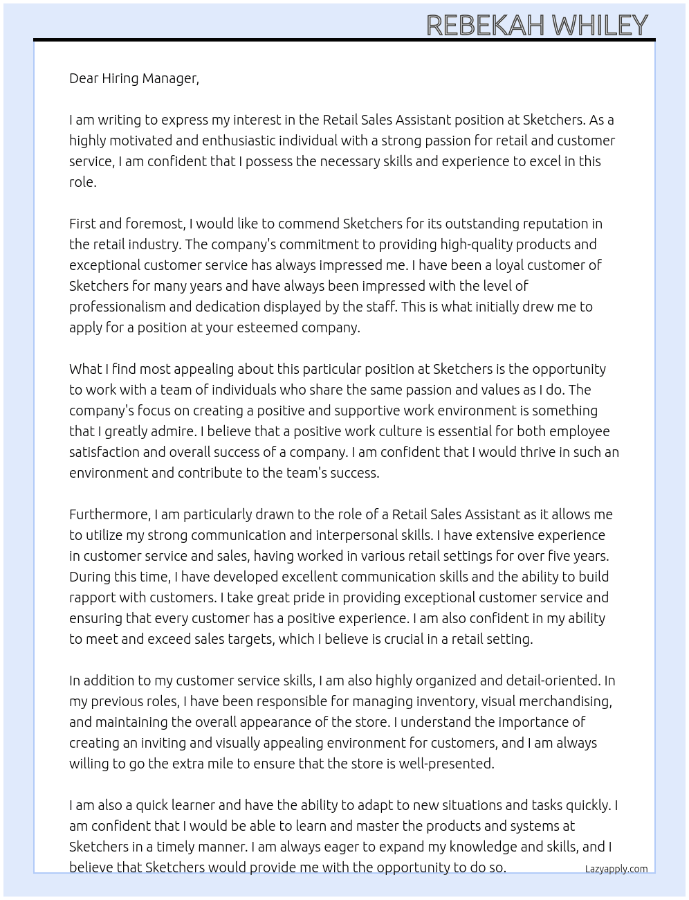 Retail sales assistant  At Sketchers  Cover Letter