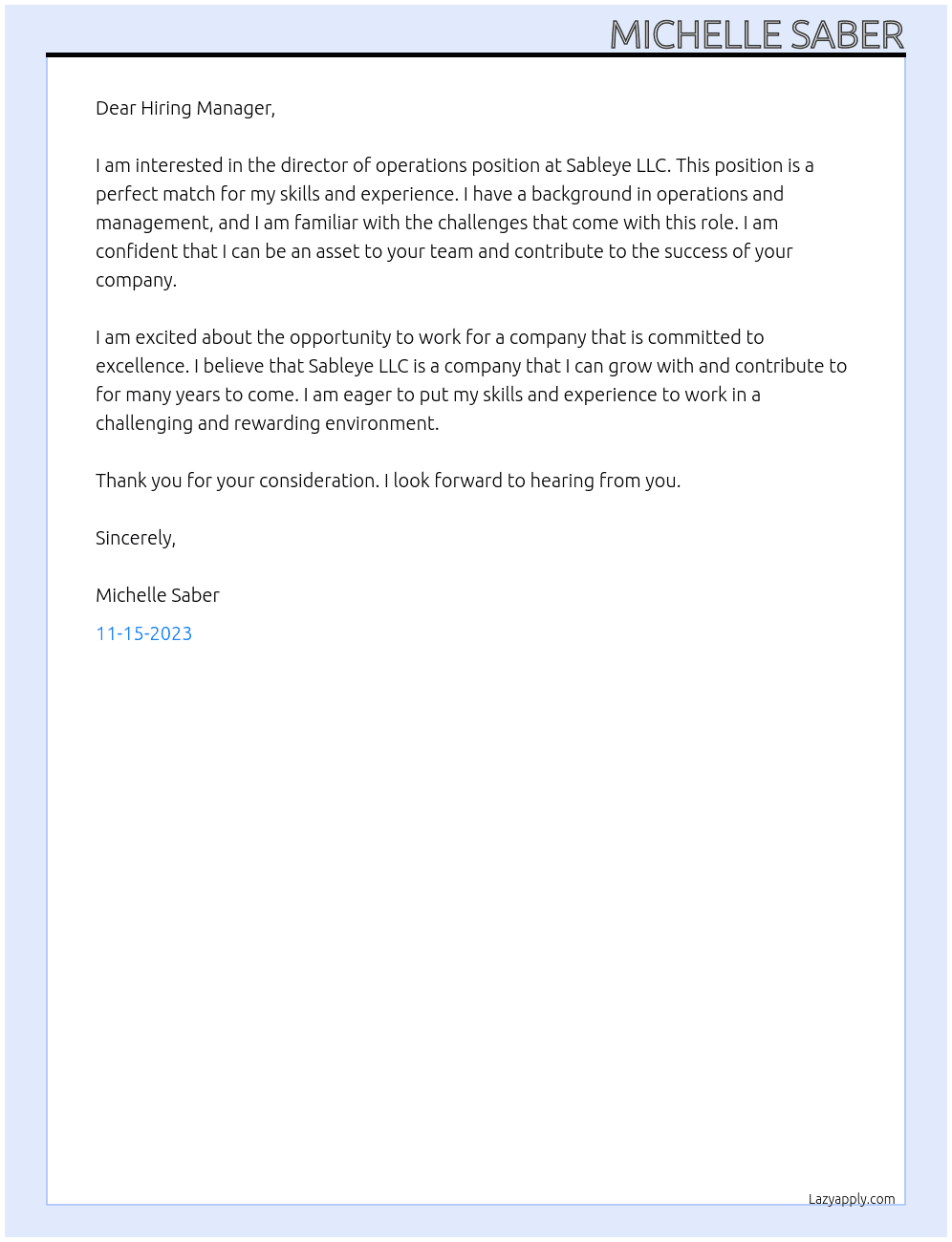 director of operations At Sableye LLC Cover Letter