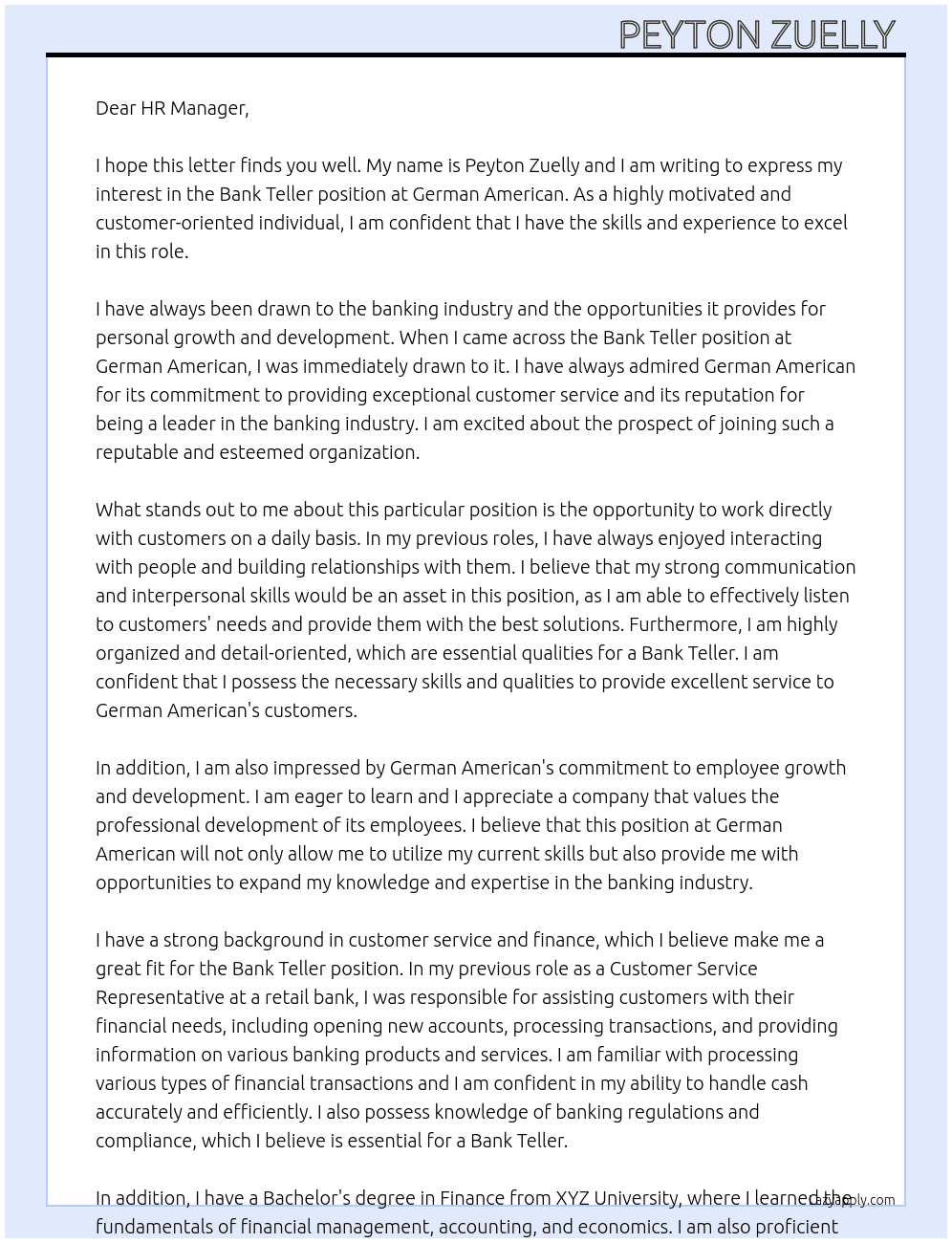 Bank Teller  At German American  Cover Letter