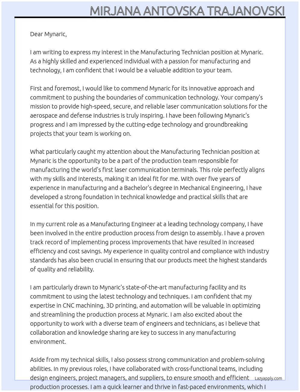 Manufacturing Technician At Mynaric Cover Letter