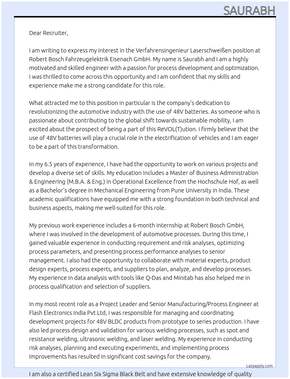 Verfahrensingenieur Laserschweißen At Robert Bosch Fahrzeugelektrik Eisenach GmbH Cover Letter