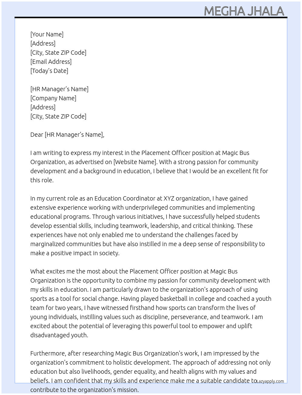 Placement officer  At Magic bus organisation  Cover Letter