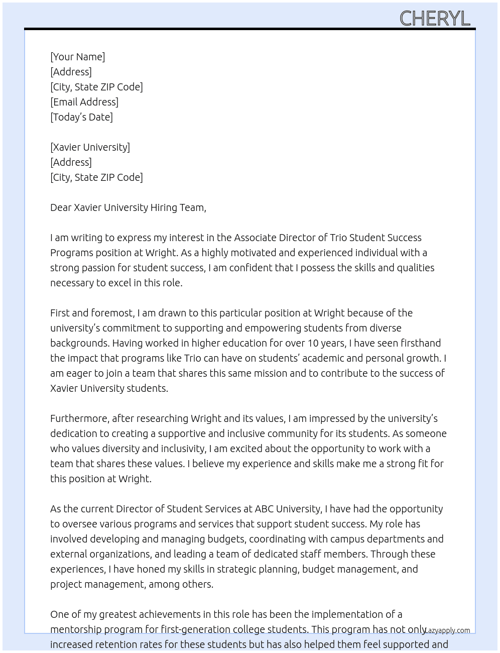 Associate Dirctor of Trio student success programs At Wright Cover Letter