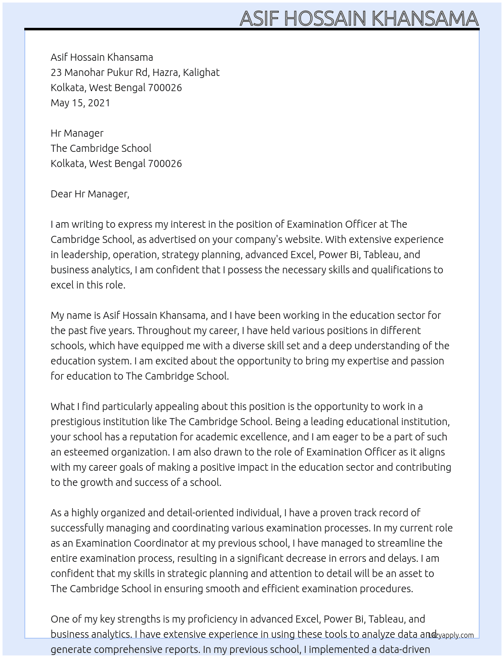 Examination Officer At The Cambridge School Cover Letter