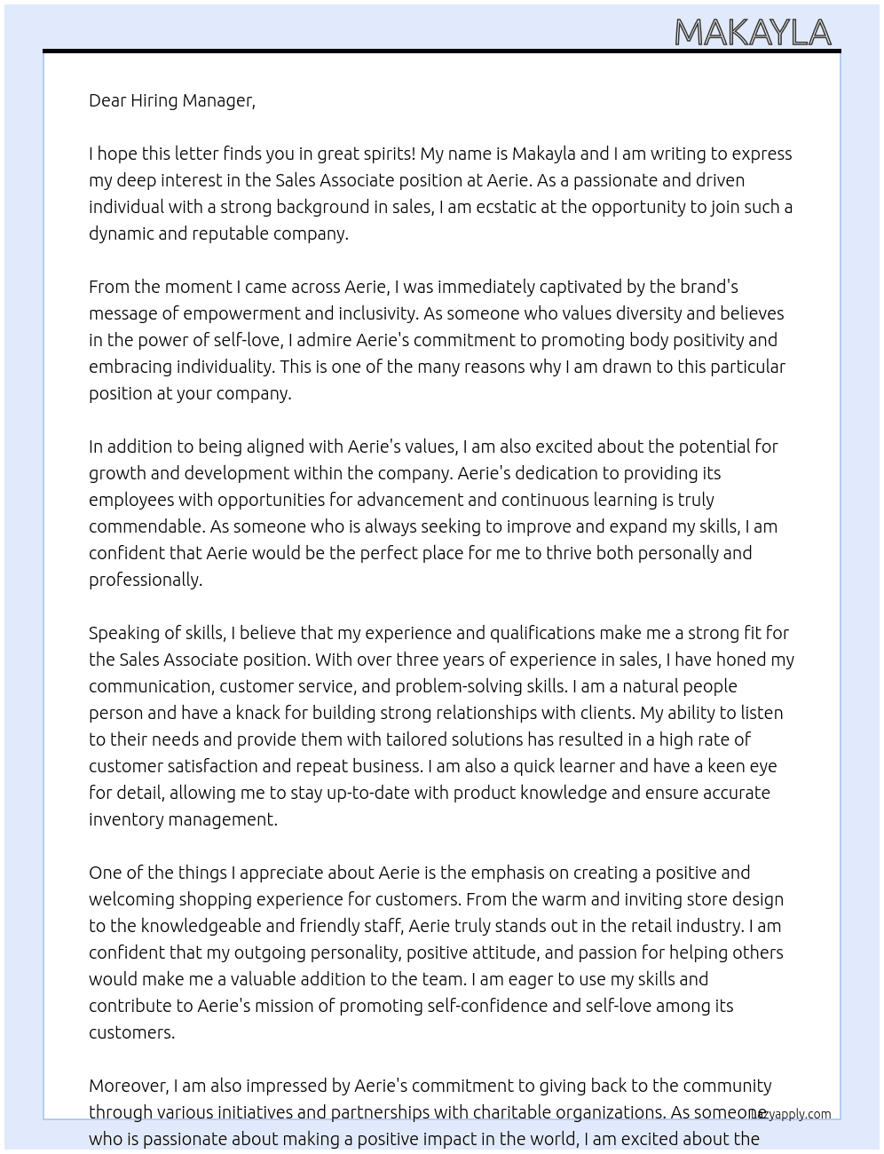 Sales Associate  At Aerie  Cover Letter