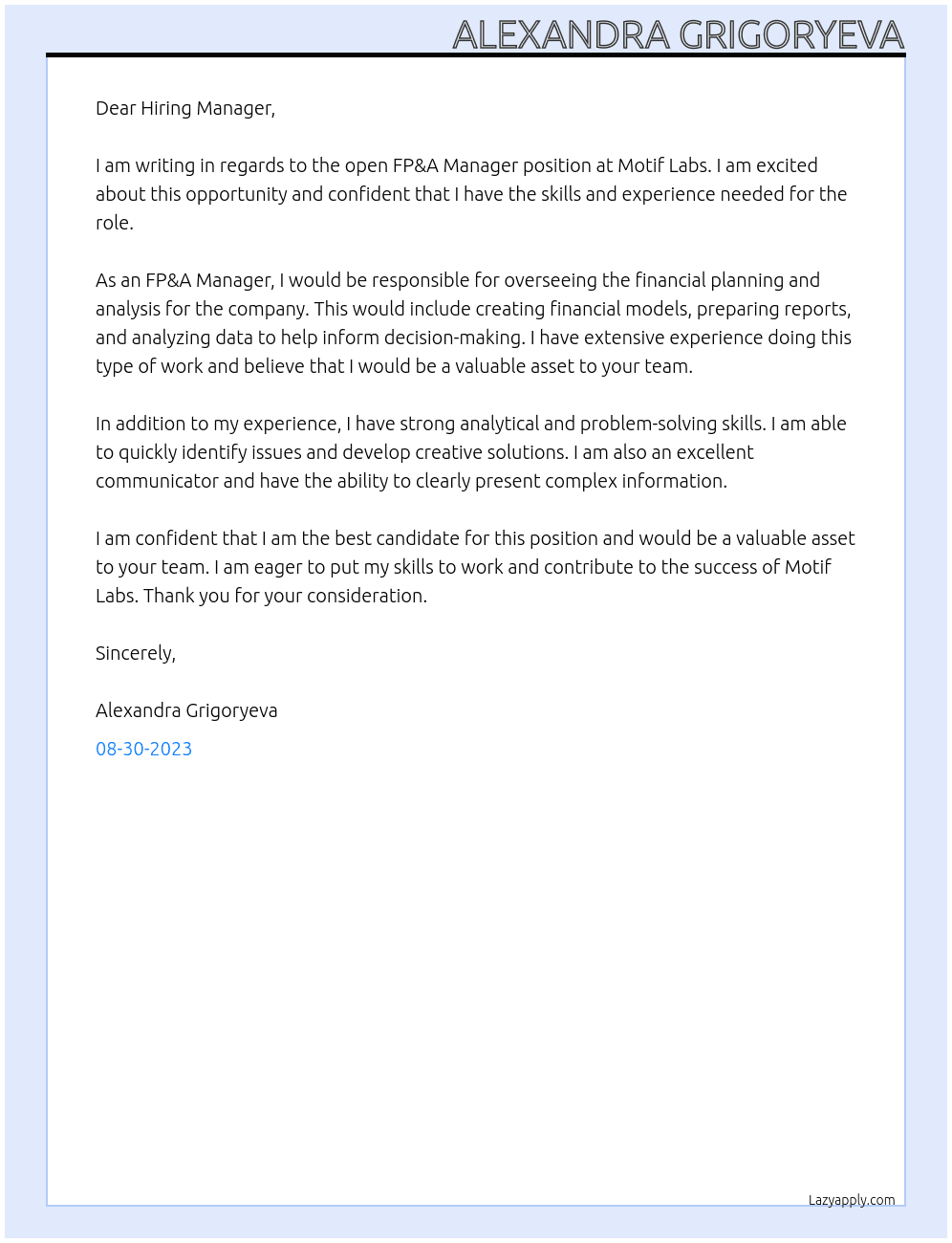 Manager FP&A At Motif Labs Cover Letter