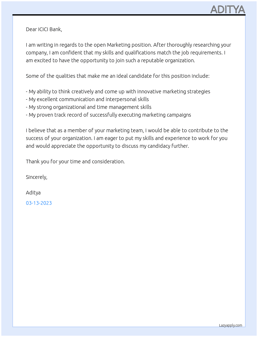 marketing  At icici banck Cover Letter