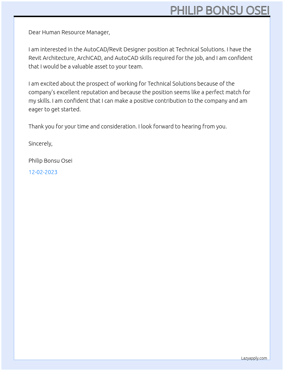 AutoCad/Revit Designer At Technical solutions  Cover Letter
