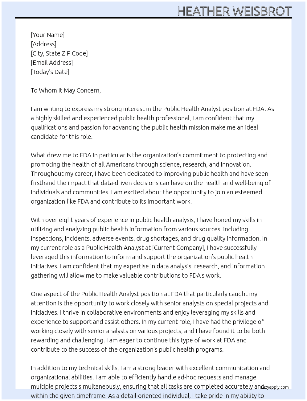 Public Health Analyst At FDA Cover Letter