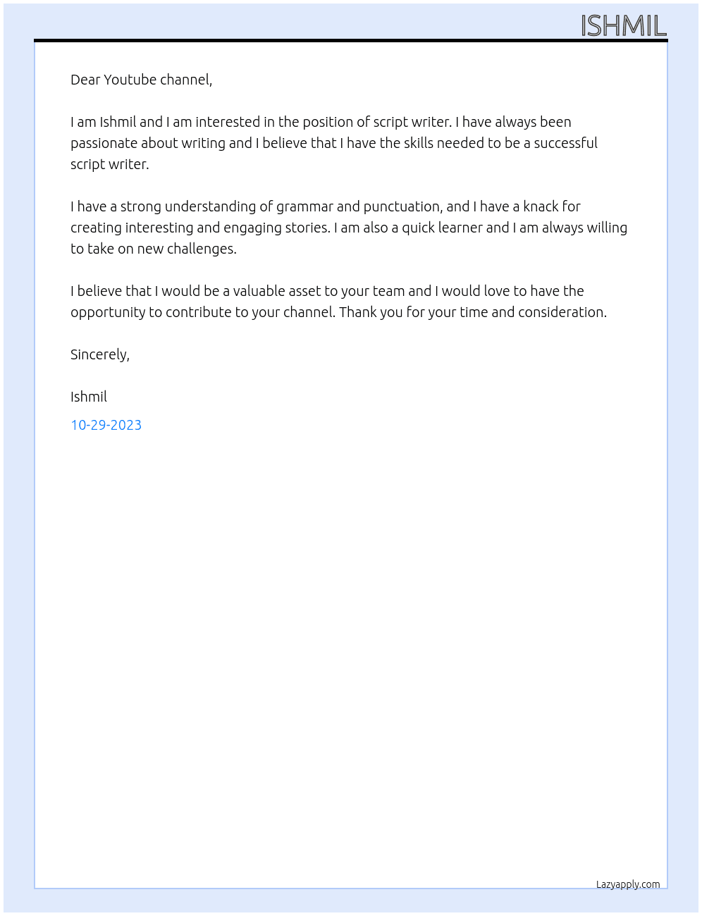 Script writer  At YouTube channel  Cover Letter