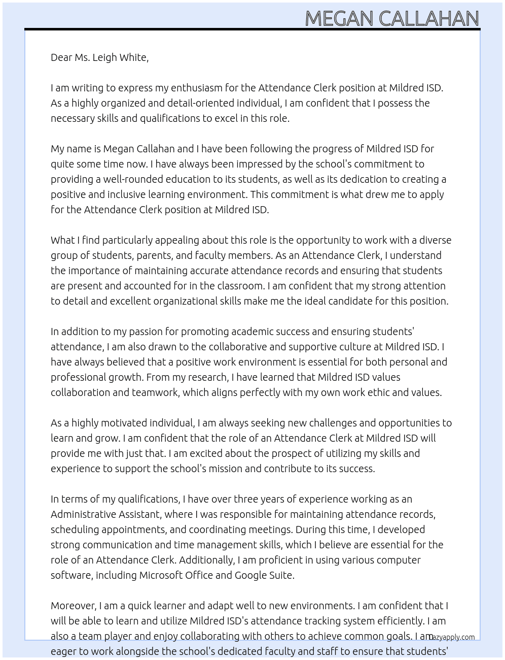Attendance Clerk At Mildred ISD Cover Letter