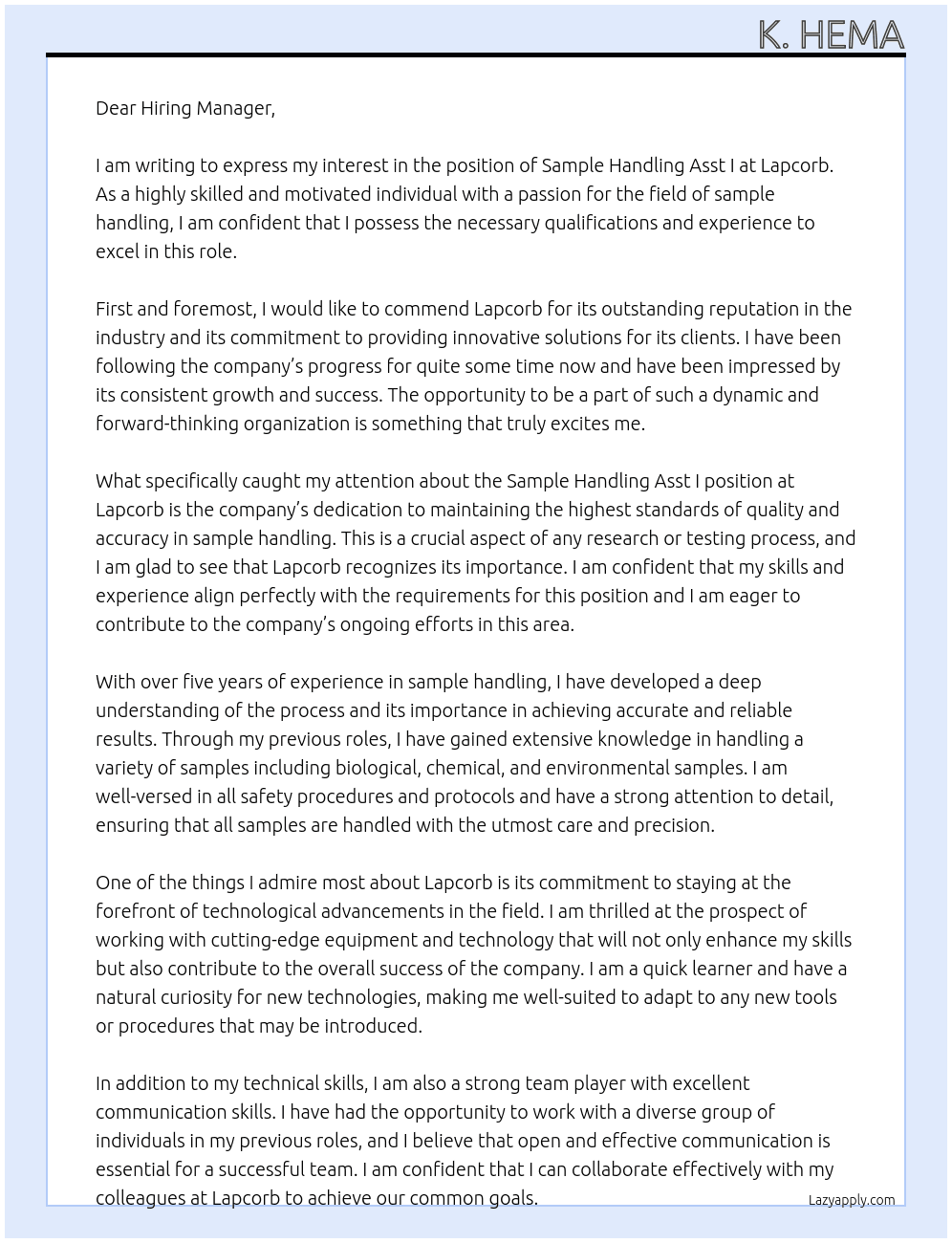 Sample Handling Asst I At Lapcorb Cover Letter