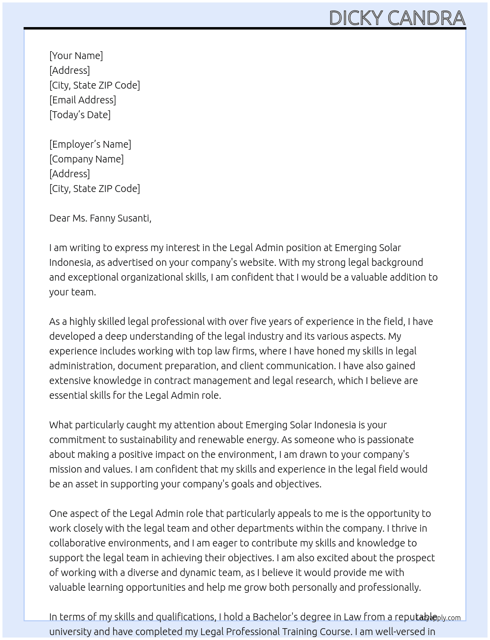 Legal Admin At Emergening Solar Indonesia Cover Letter