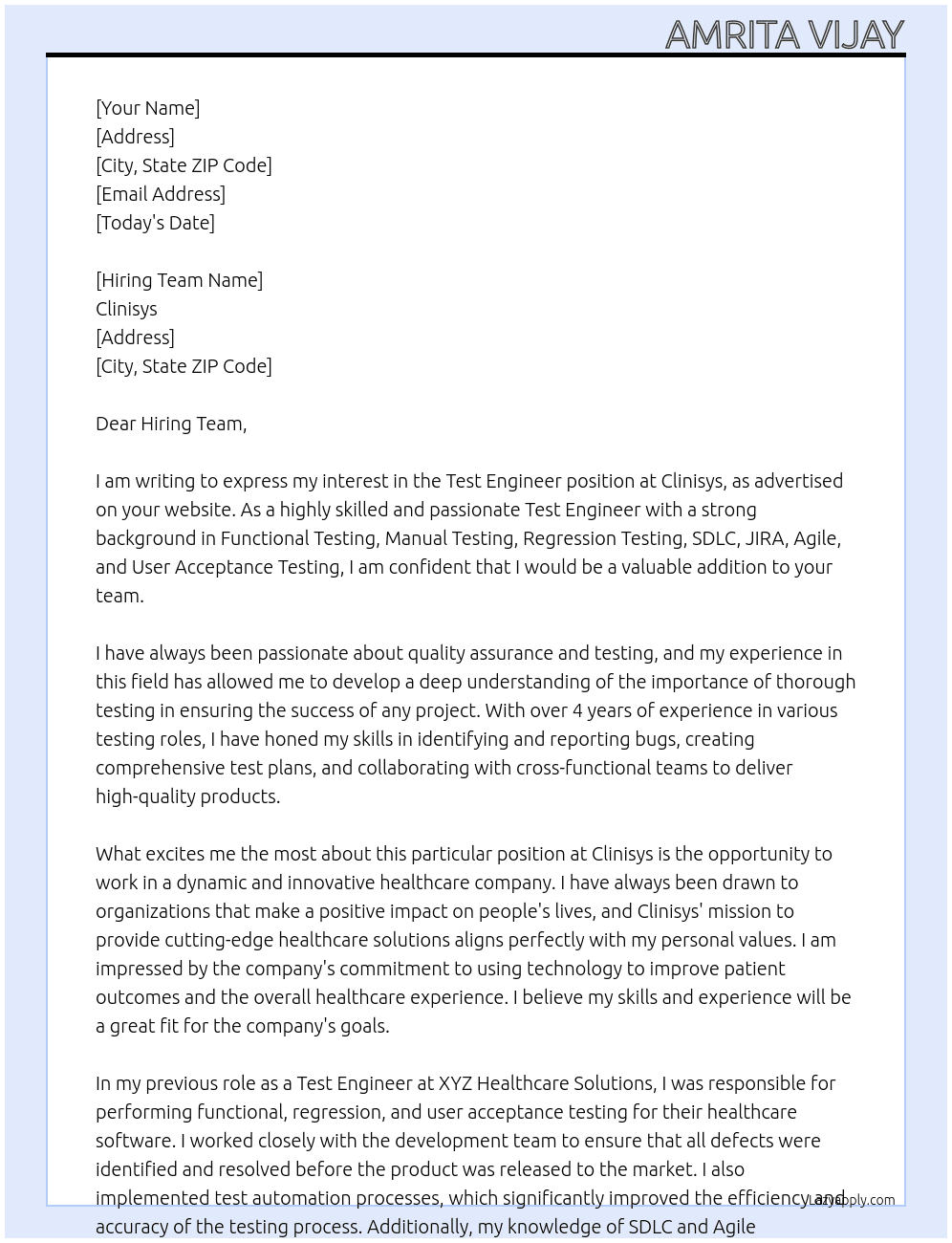 Test engineer  At Clinisys Cover Letter