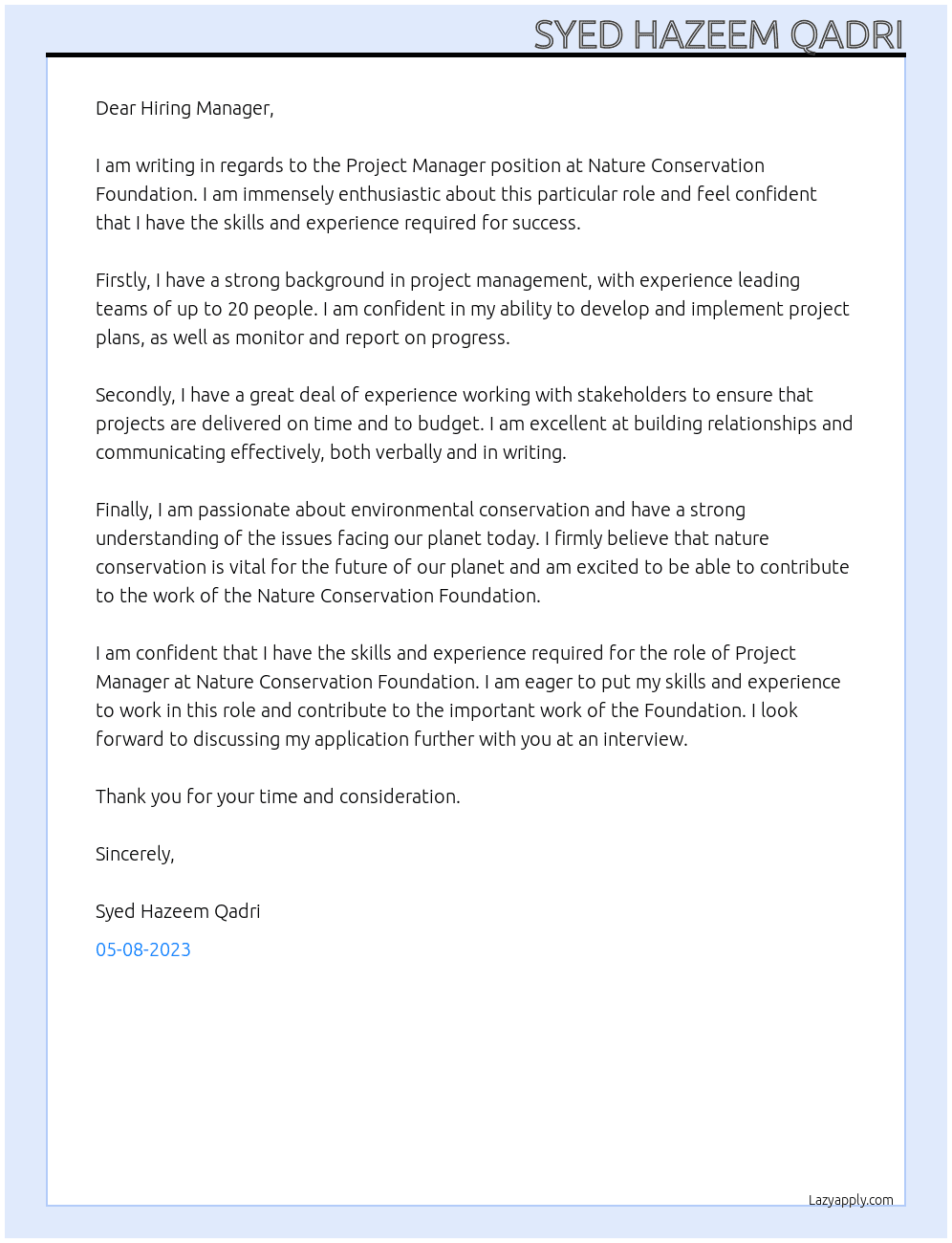Project manager At Nature Conservation Foundation Cover Letter