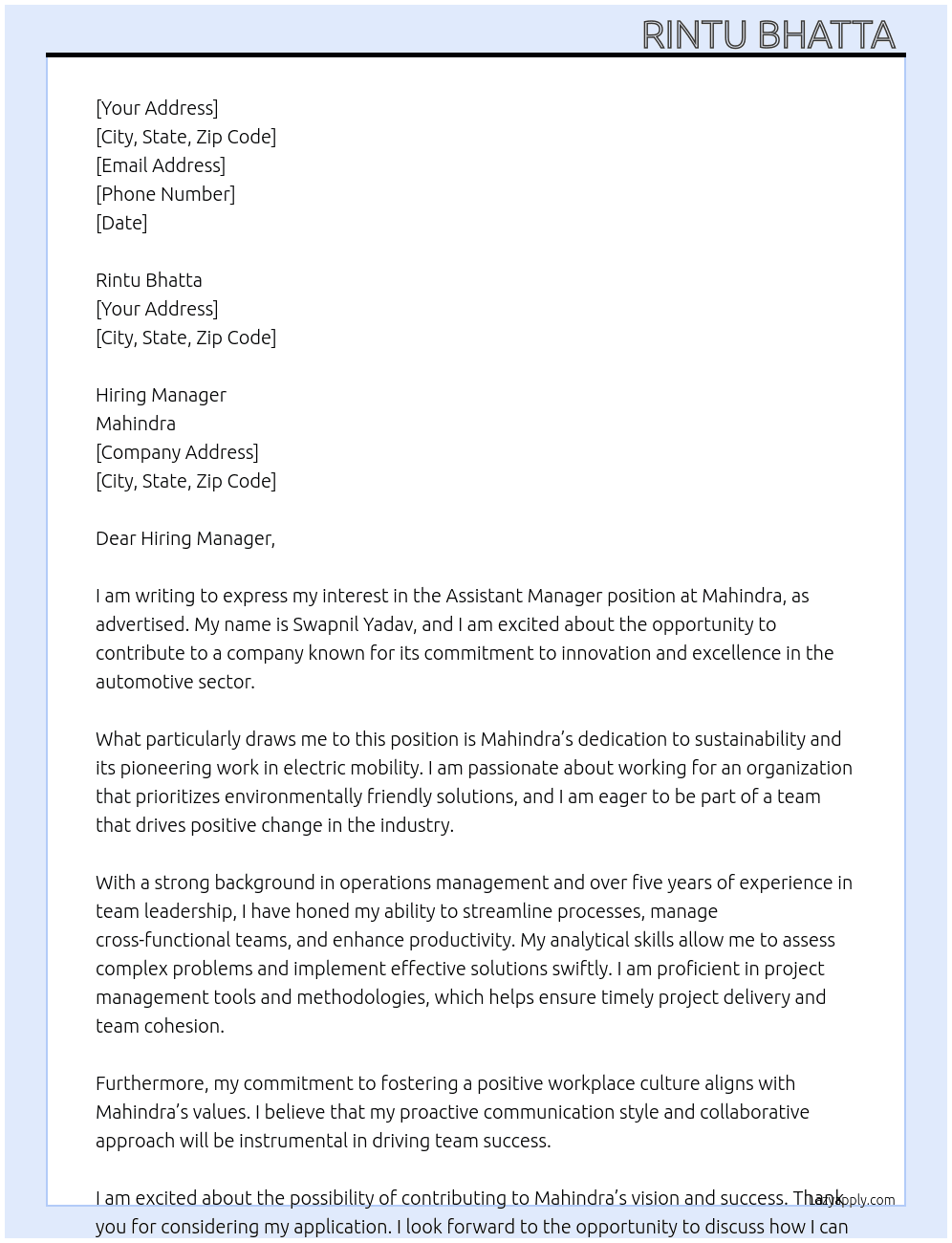 Assistant manager  At Mahindra  Cover Letter