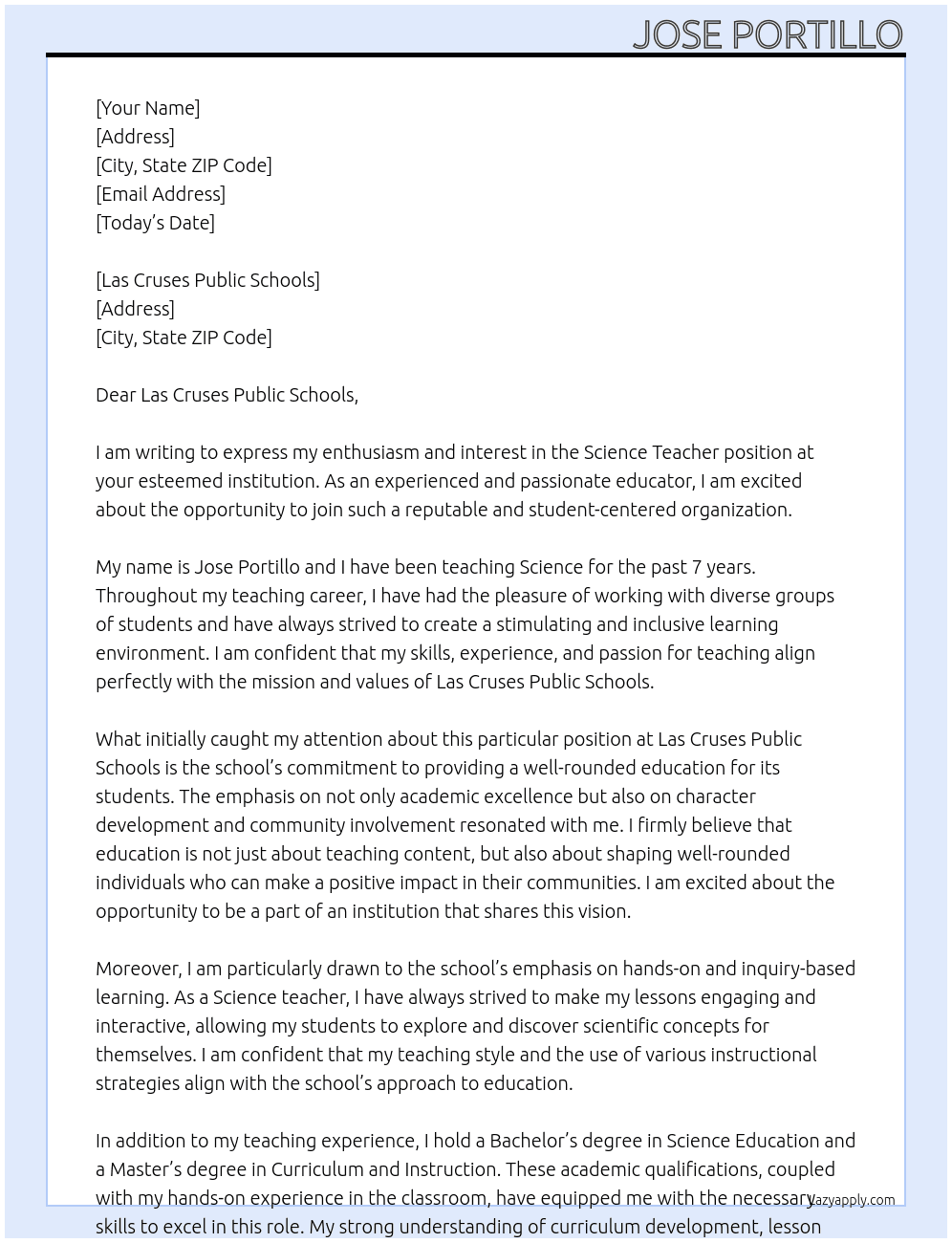 Science Teacher At Las Cruses Public Schools Cover Letter