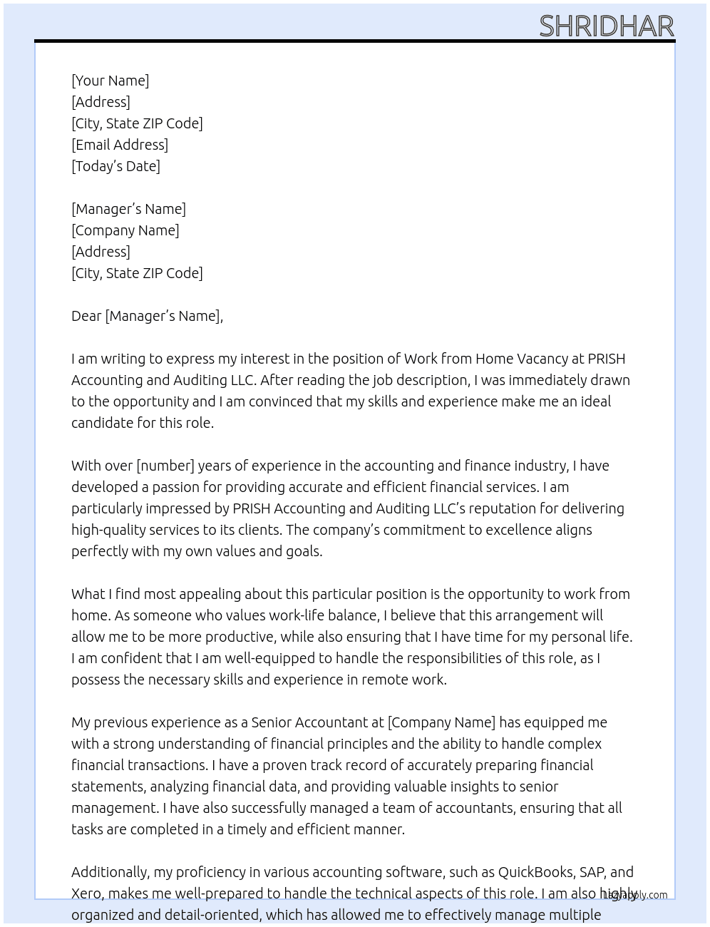 𝐖𝐨𝐫𝐤 𝐟𝐫𝐨𝐦 𝐇𝐨𝐦𝐞 𝐕𝐚𝐜𝐚𝐧𝐜𝐲  At PRISH Accountung and Auditing LLC Cover Letter
