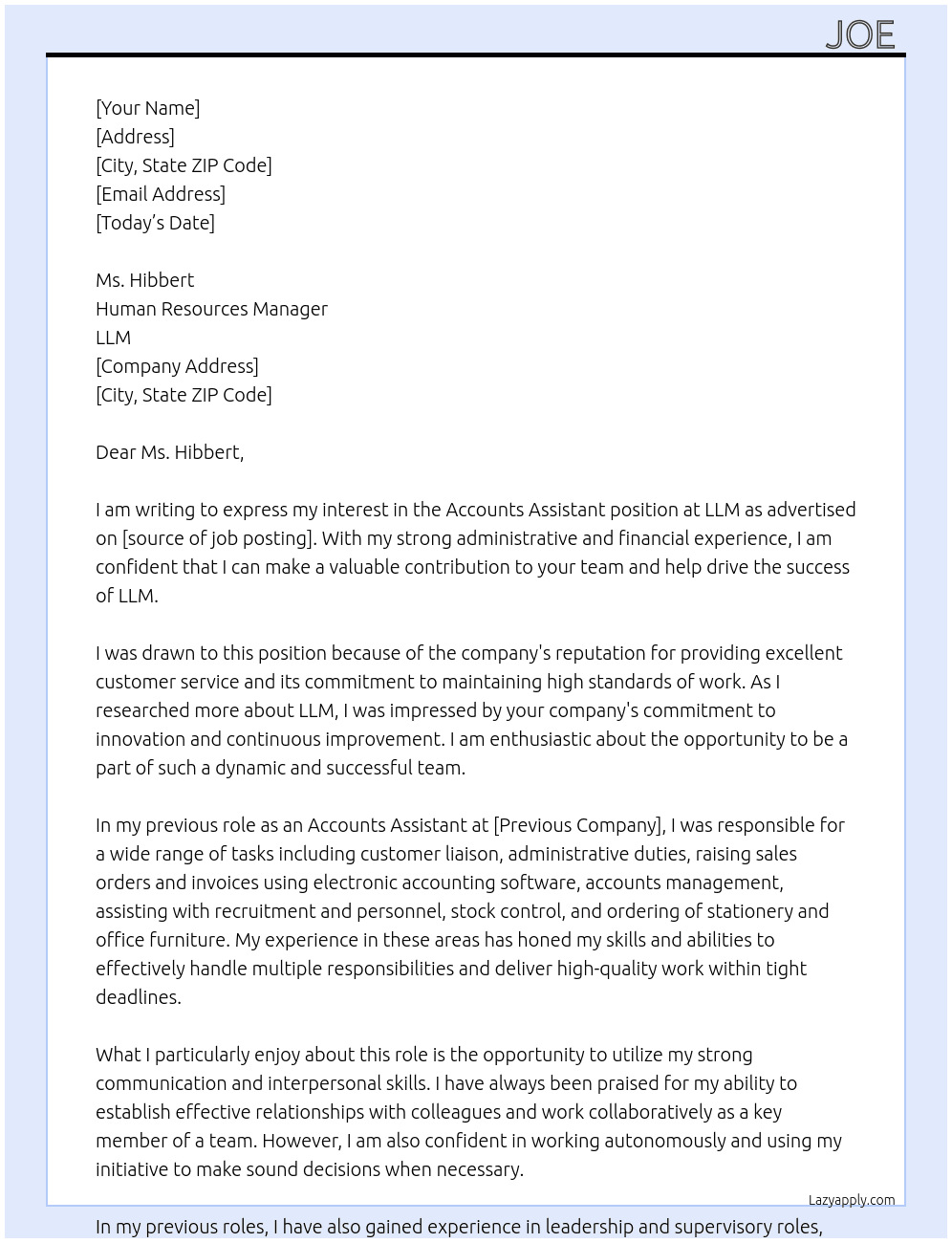 accounts assistant  At LLM Cover Letter