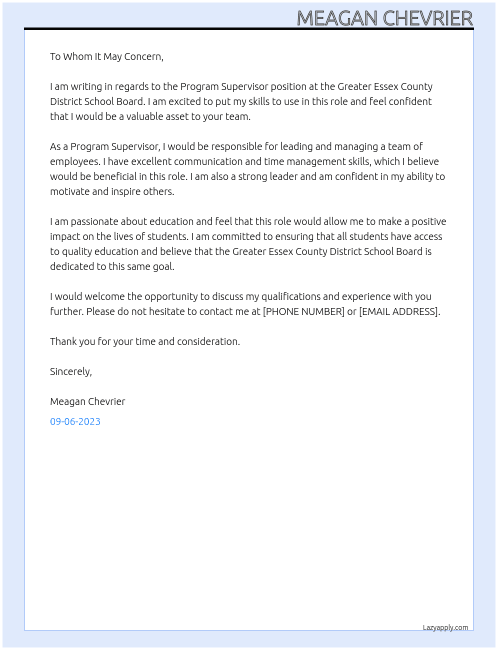 Program Supervisor At LARC Cover Letter