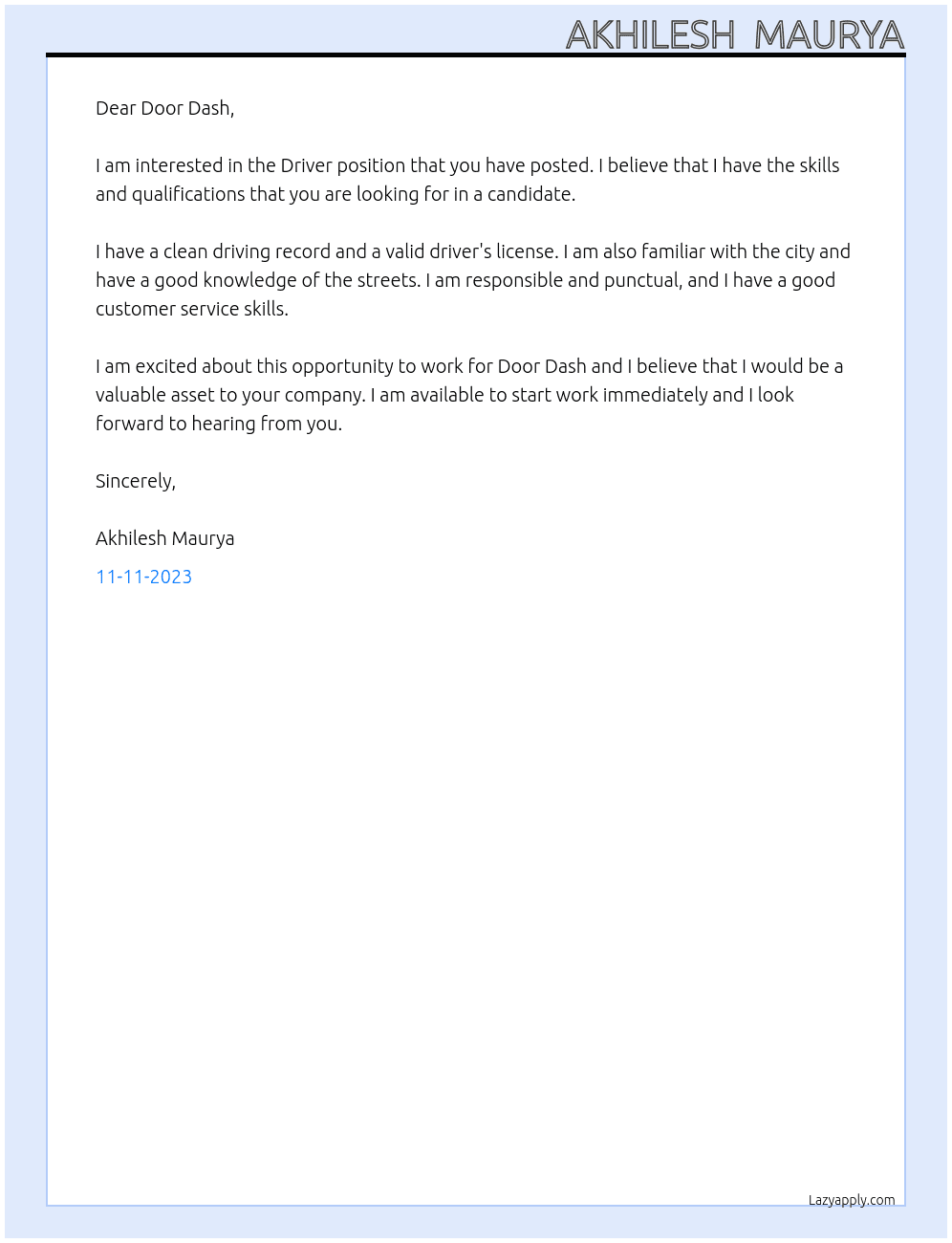 Driver At Door dash Cover Letter