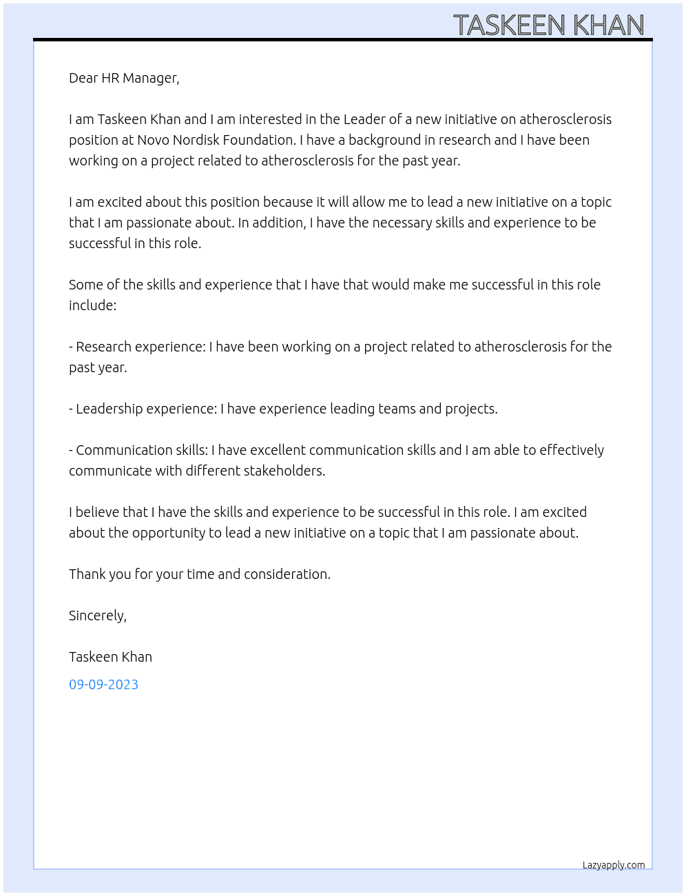 Leader of a new initiative on atherosclerosis  At Novo Nordisk Foundation  Cover Letter