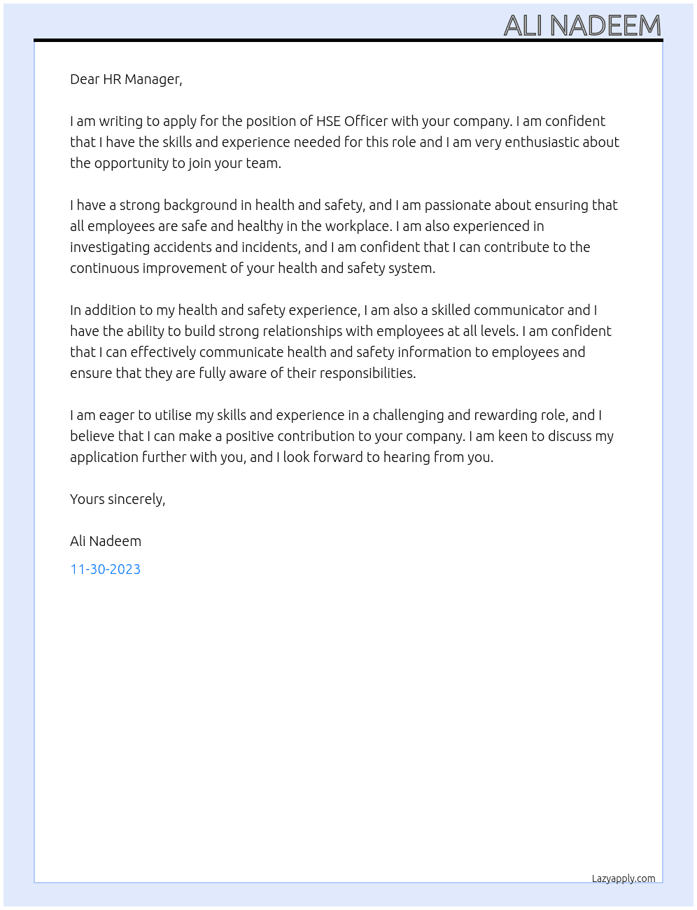 HSE OFFICER At TO WHOMEVER IT MAY CONCERN Cover Letter