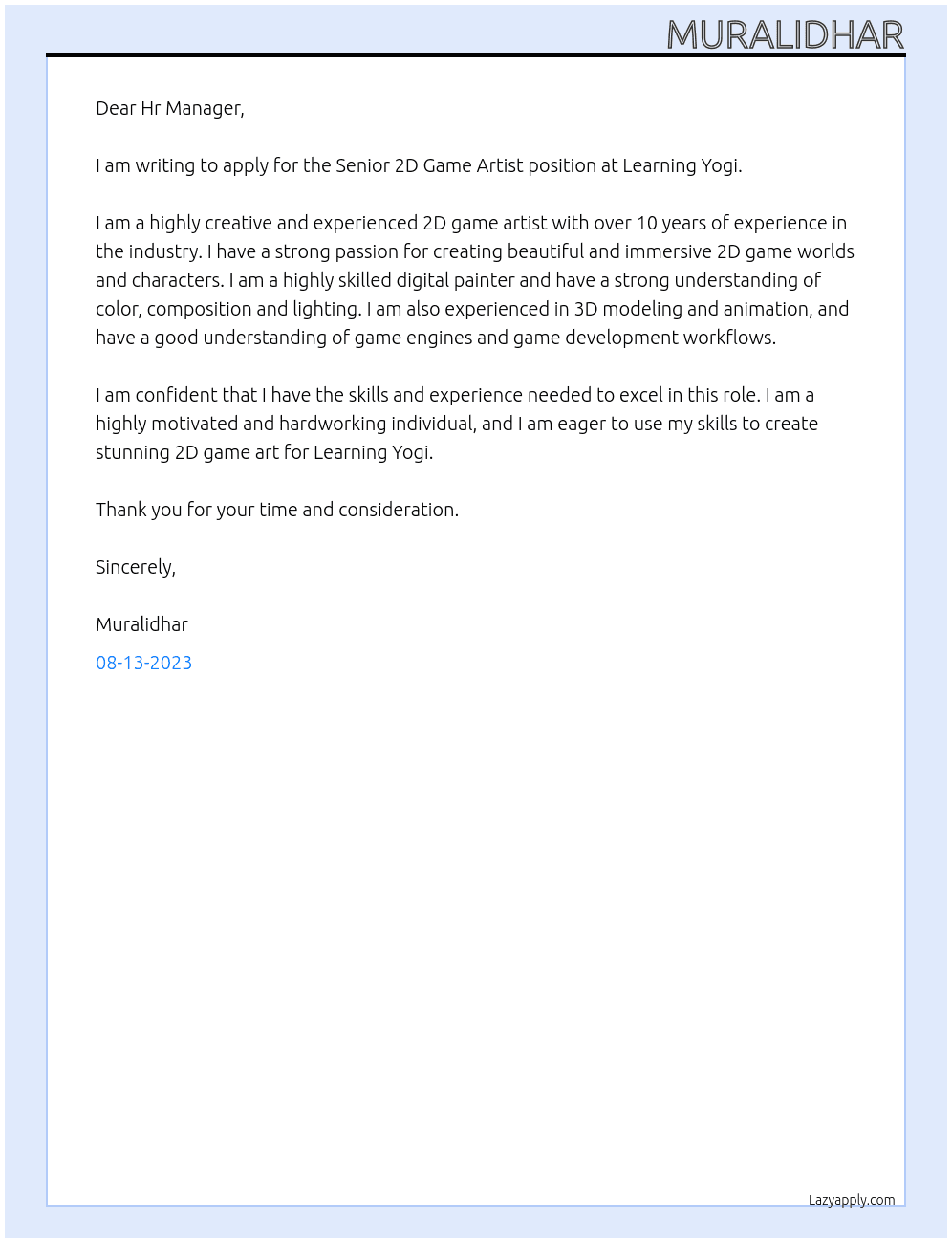 Senior 2D Game Artist At Learning Yogi Cover Letter