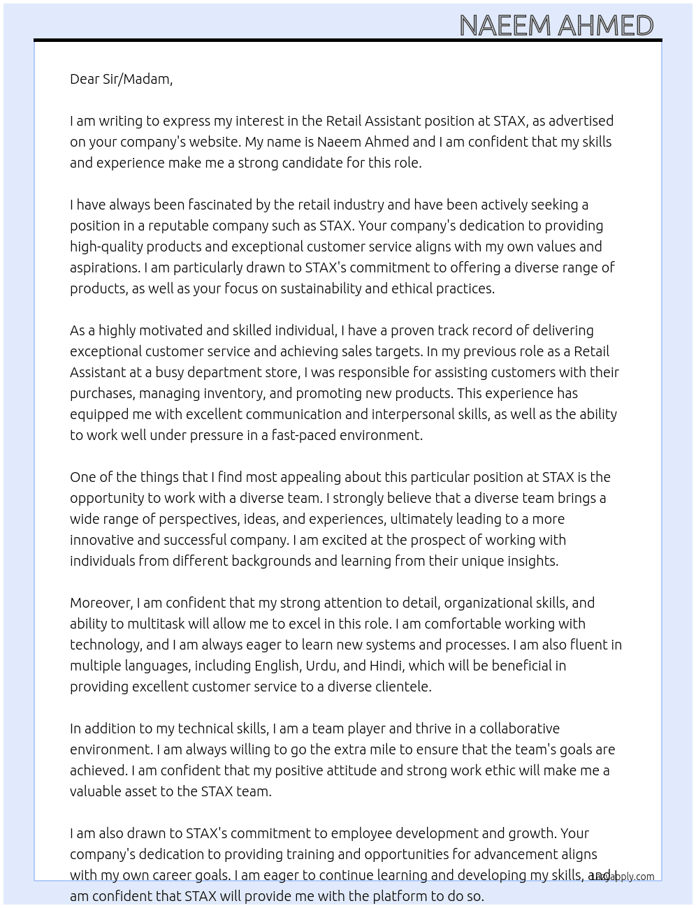 Retail Assistant  At STAX Cover Letter