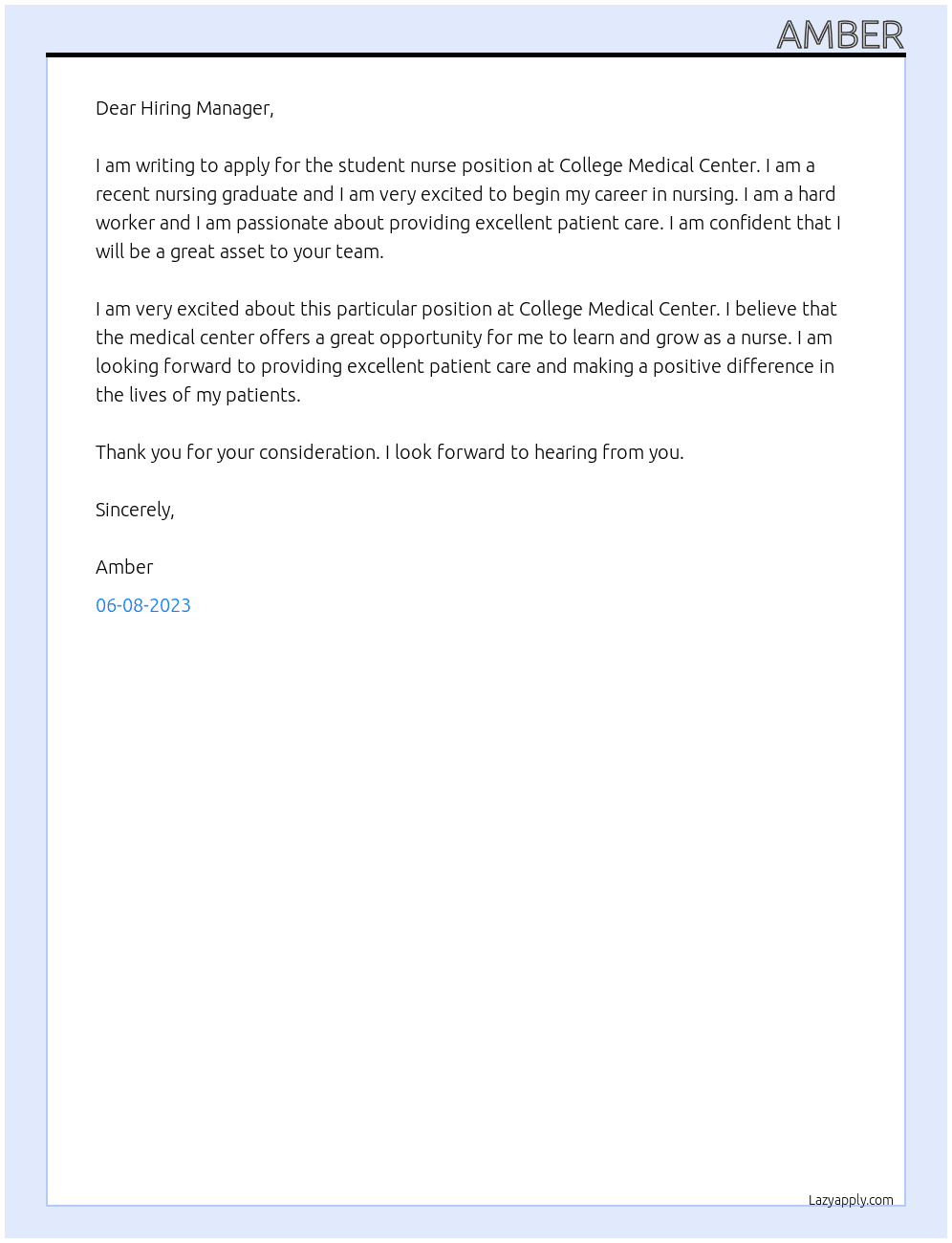 student nurse At college medical center Cover Letter