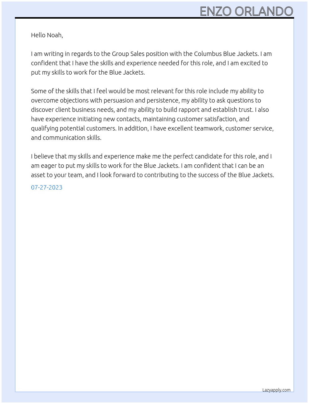 Grouo Sales At Columbus Blue Jackets Cover Letter