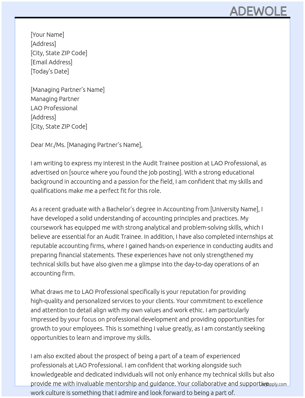 Audit trainee At LAO professional Cover Letter