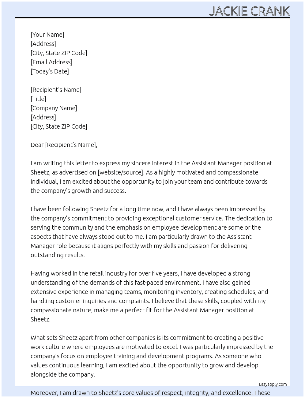 Assistant Manager At Sheetz Cover Letter