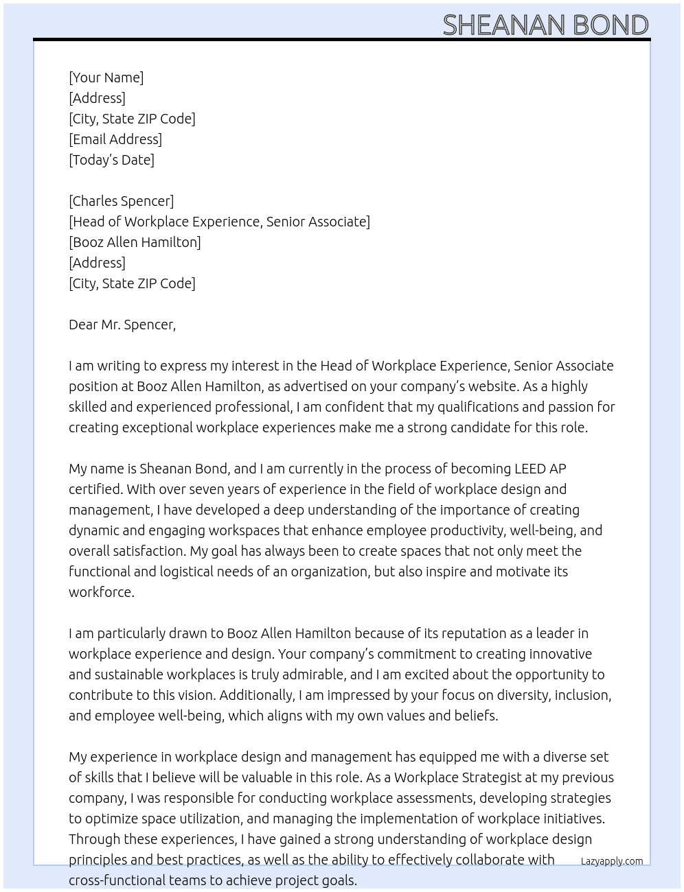 Head of Workplace Experience, Senior Associate At Booz Allen Hamilton Cover Letter
