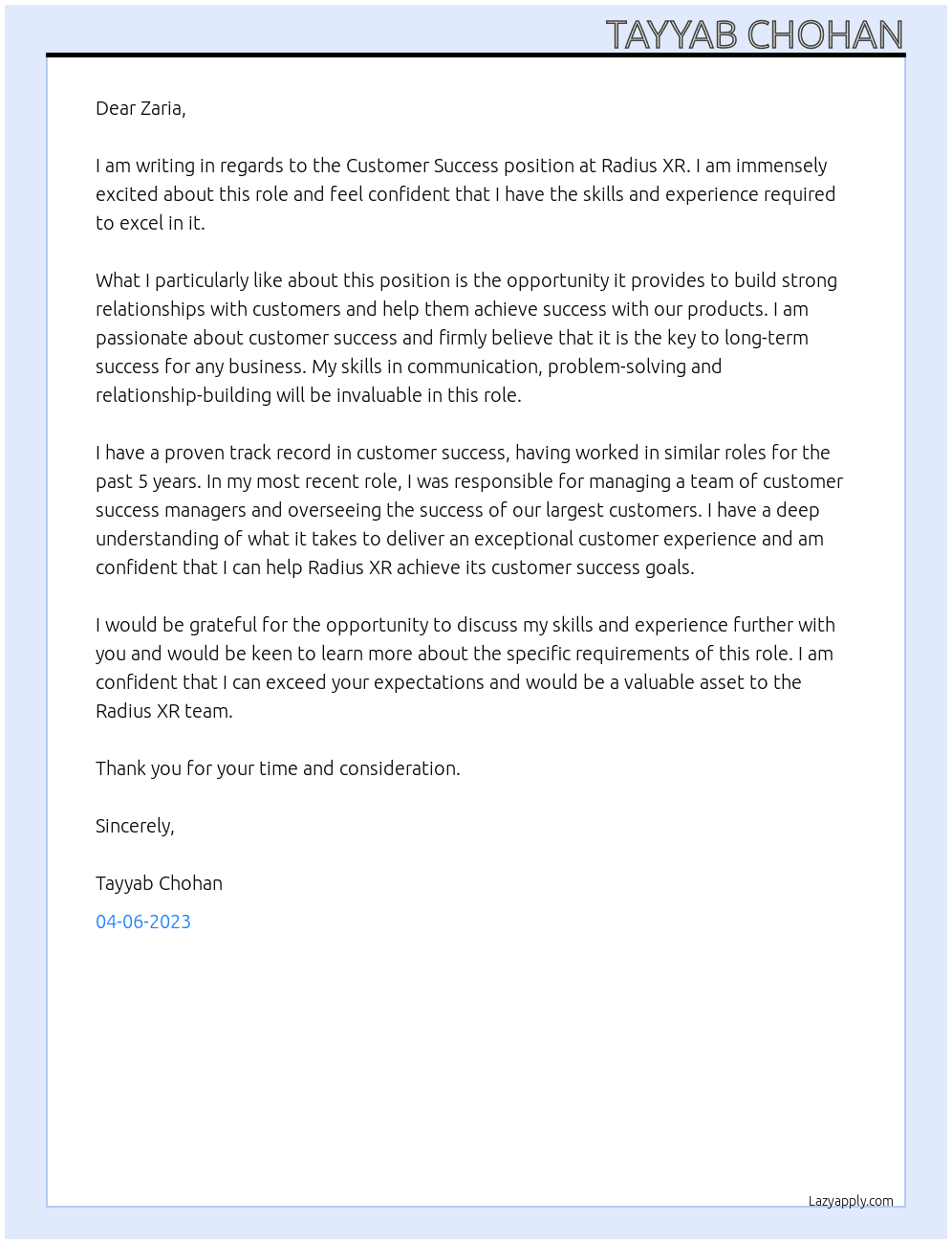 Customer Success At Radius XR Cover Letter