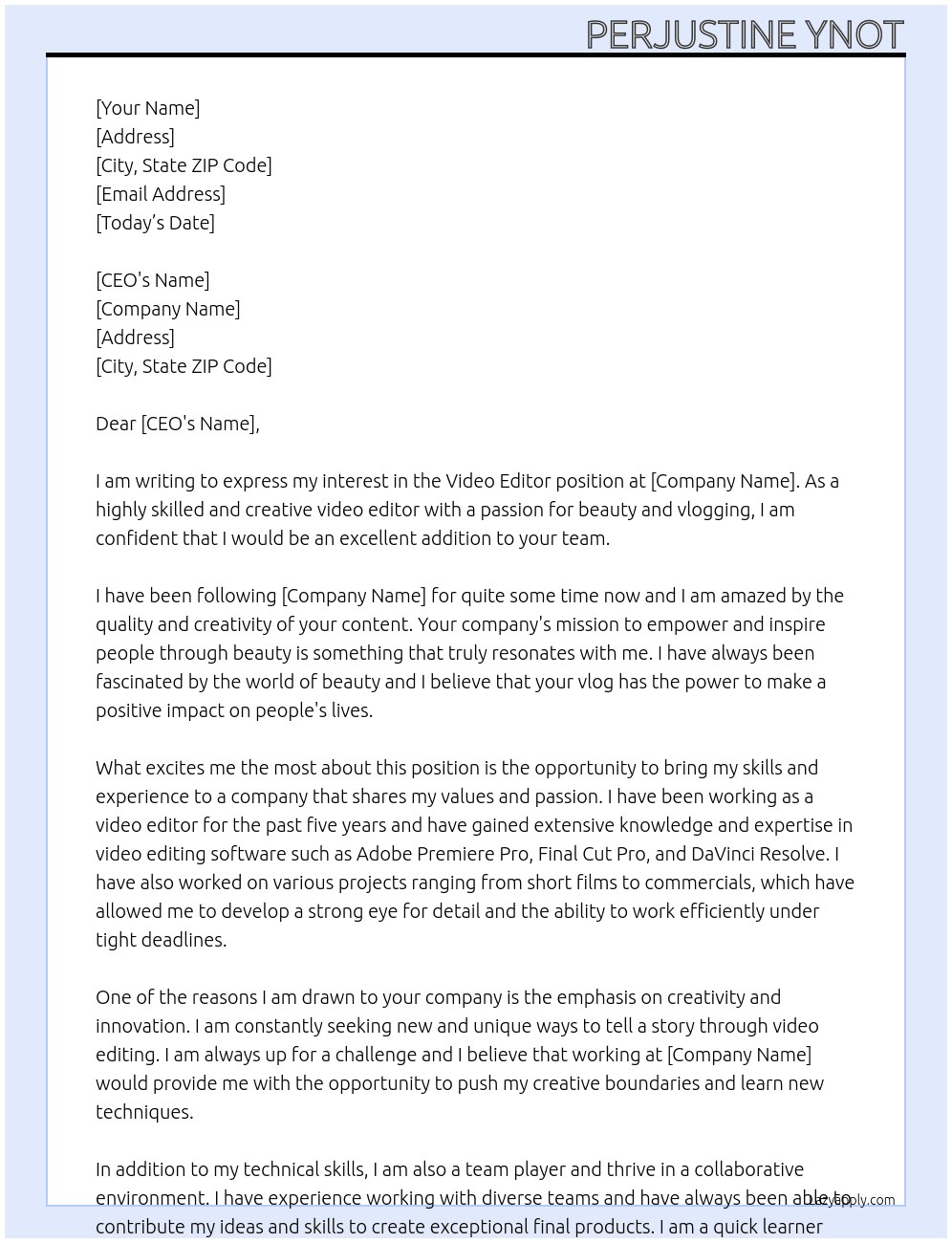 Video editor  At beauty vlog Cover Letter