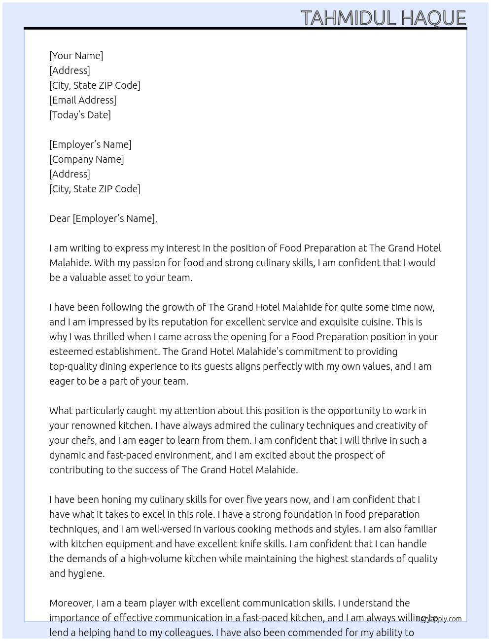 Food Preparation At The Grand Hotel Malahide Cover Letter