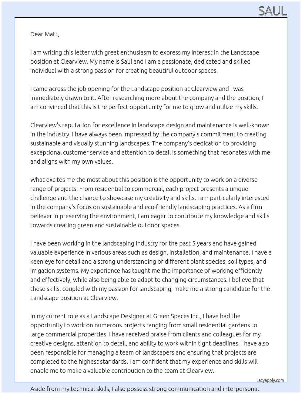 Landscape At Clearview Cover Letter