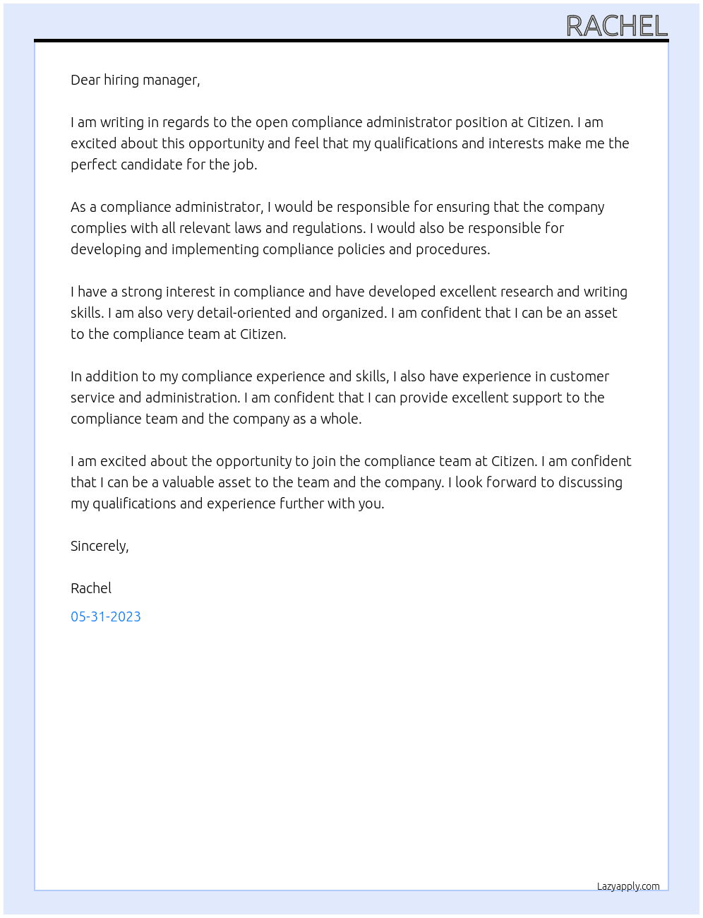 compliance administrator At Citizen Cover Letter
